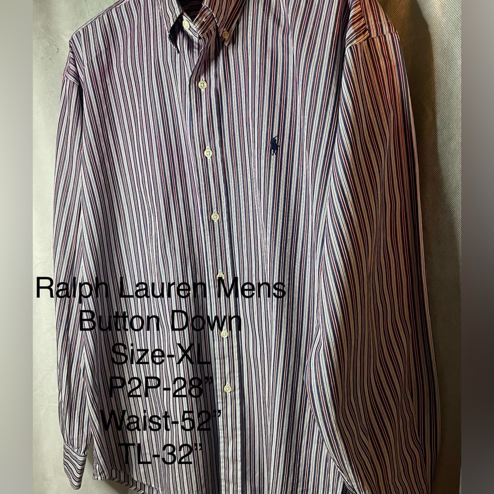 Ralph Lauren Men's Navy, Maroon and White Striped Button-Down Shirt XL